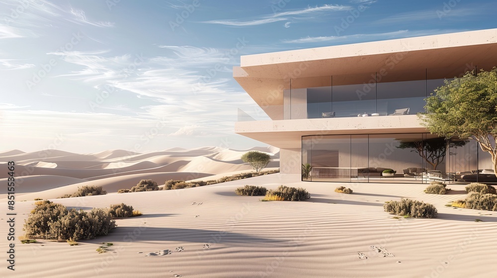 Fototapeta premium A luxury house exterior view, modern home in middle of a desert, sand dunes everywhere and desert plants and trees, isolated house and peaceful nature concept