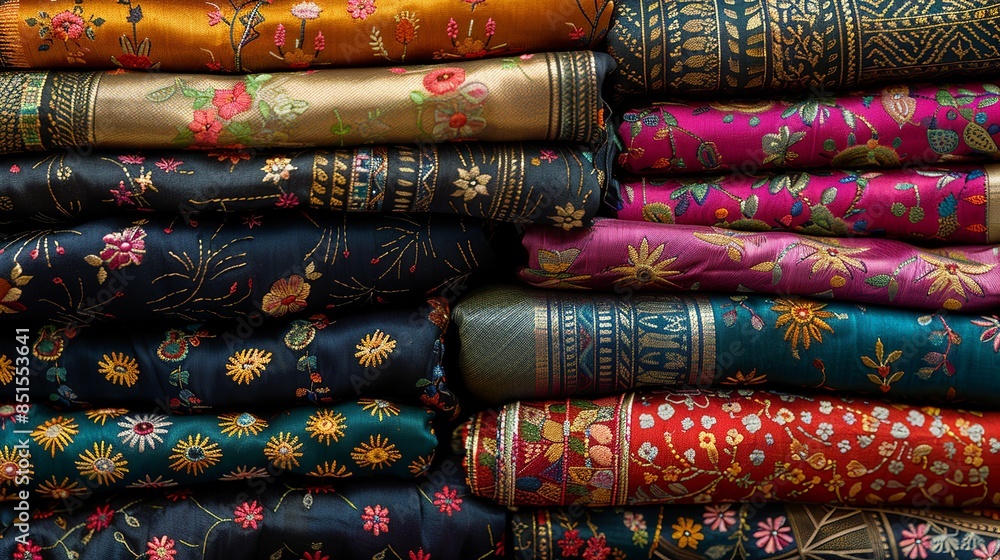 An overhead view of a stack of colorful Indian silk saris, each adorned with traditional hand-embroidered motifs. Abstract Backgrounds Illustration, Minimalism, An overhead view of a stack of colorful Indian silk saris, each adorned with traditional hand-embroidered motifs. Abstract Backgrounds Illustration, Minimalism,