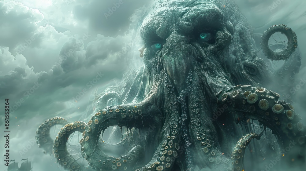 Fototapeta premium humanoid with tentacle face from baldur's gate, beneath cloudy sky