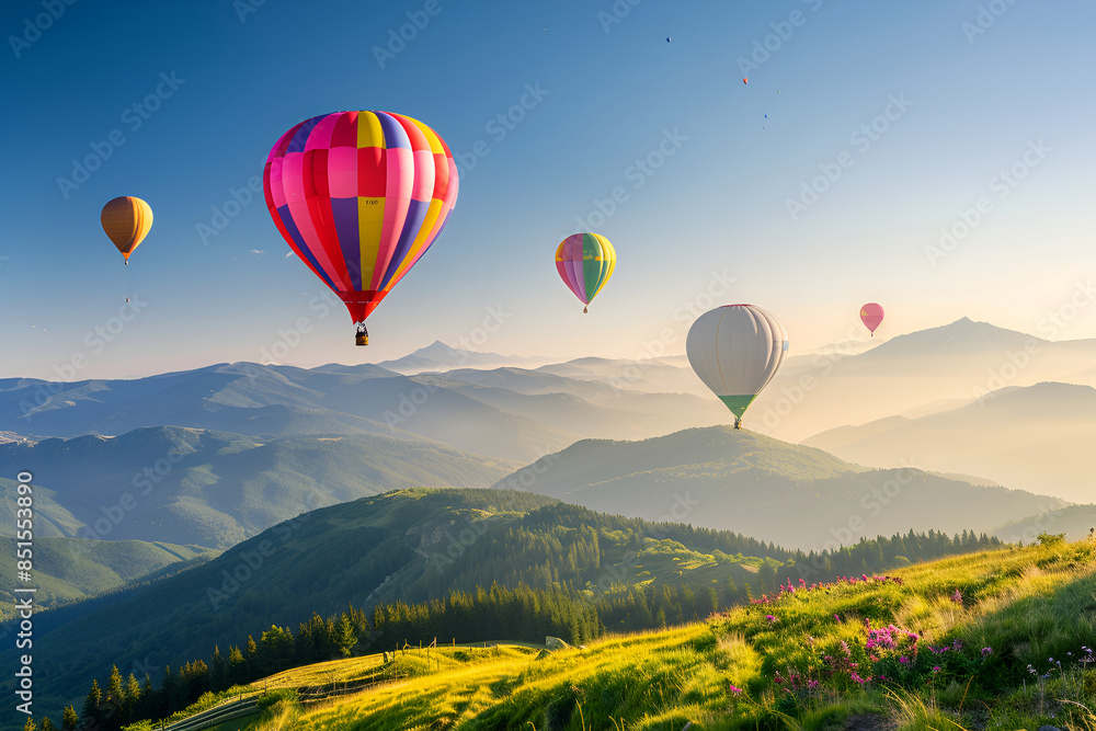 Obraz premium a group of hot air balloons in the blue sky , A group of hot air balloons flying over a green landscape , Colorful group of hot air balloons gently illuminated by the sunset shine , A group of hot