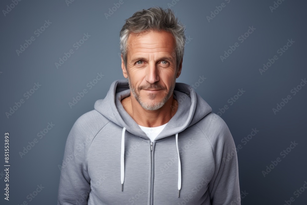Portrait of a merry man in his 50s wearing a zip-up fleece hoodie in light wood minimalistic setup Portrait of a merry man in his 50s wearing a zip-up fleece hoodie in light wood minimalistic setup