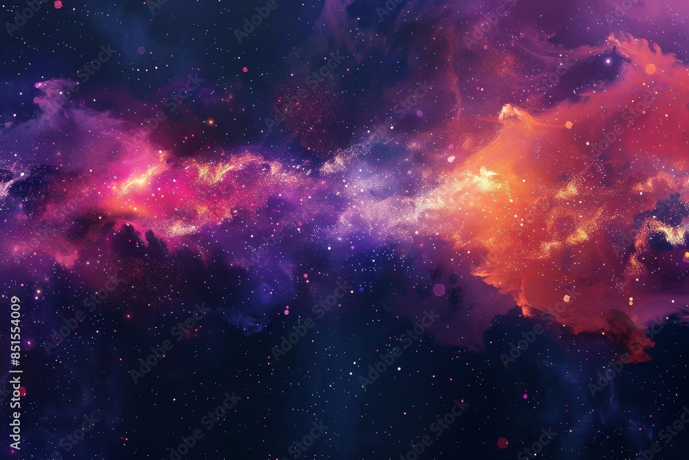 Obraz premium Illustrate a side view of a digital explosion with a galaxy theme, featuring cosmic colors and shimmering particles,