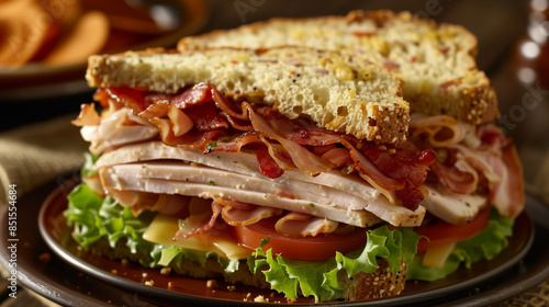 toast sandwich ful of turkey breast bacon and vegetables 