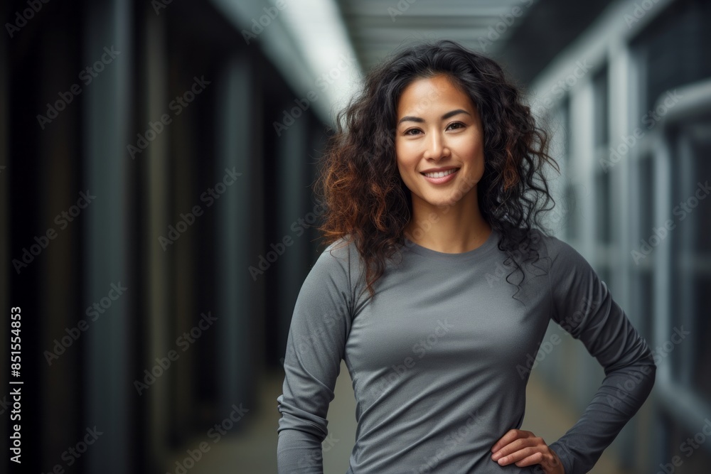 Portrait of a merry asian woman in her 30s sporting a technical climbing shirt isolated in empty modern loft background Portrait of a merry asian woman in her 30s sporting a technical climbing shirt isolated in empty modern loft background