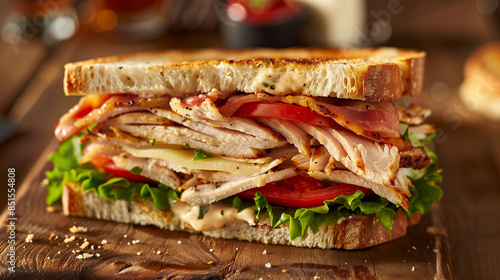 toast sandwich ful of turkey breast bacon and vegetables