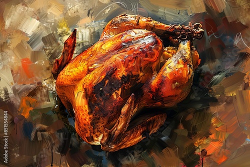 Illustrate a worms-eye view of a succulent roasted chicken, capturing the golden, crispy skin and savory aroma in a traditional oil painting style, photo