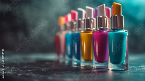 Multi-colored nail polishes close-up and copy space.