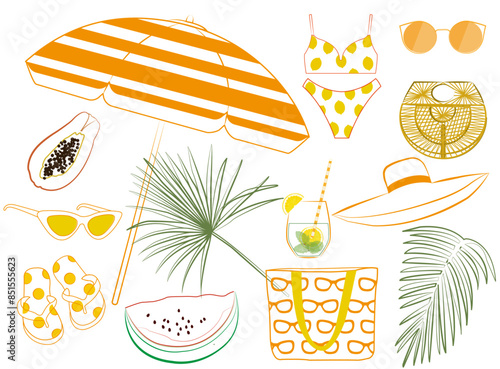 ensemble vecteur vacances été plage parasol tropical accessoires fruits coloré trait