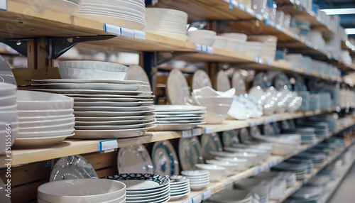 Variety of plates displayed on shelving in household goods store. Kitchen utensils and dishware for sale