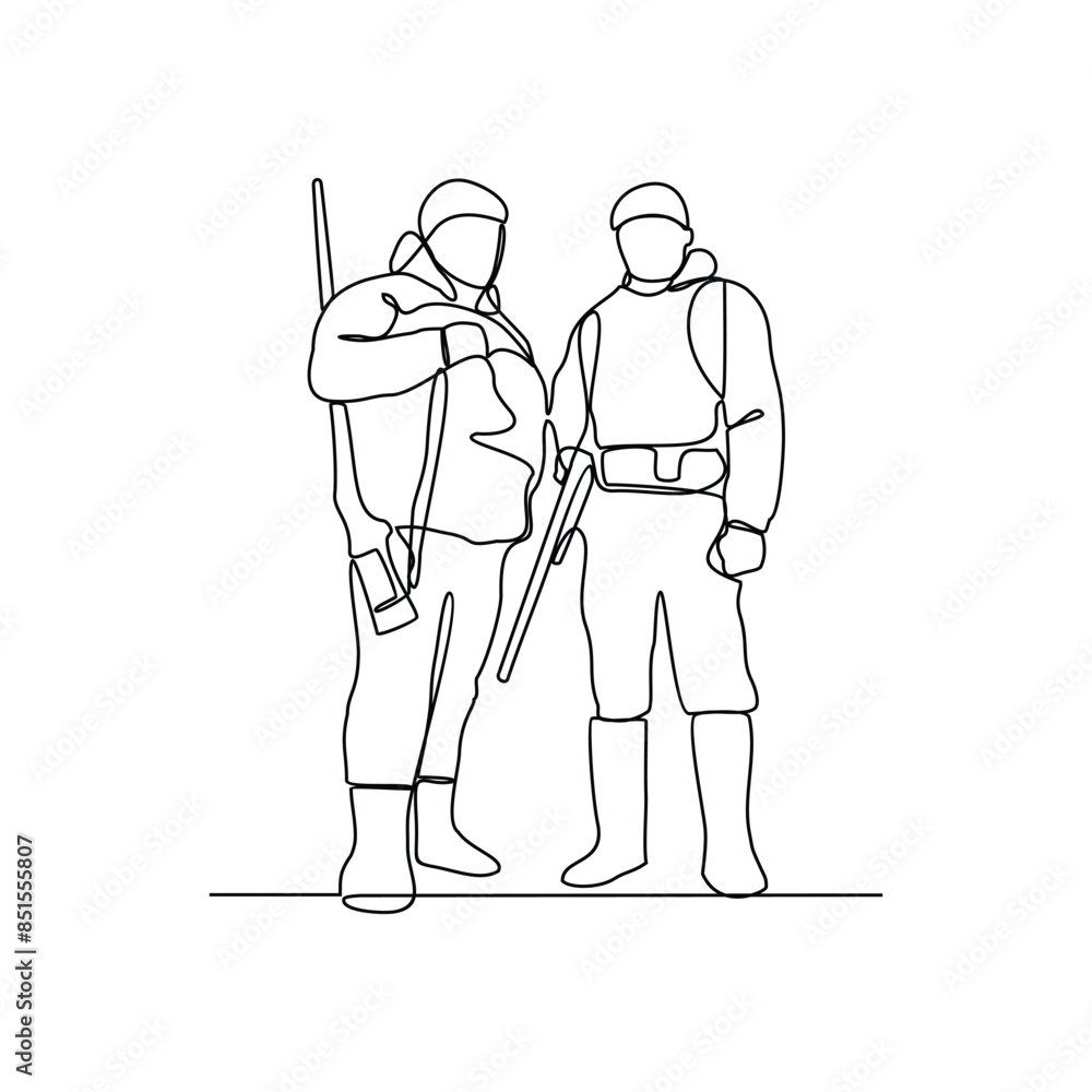 Fototapeta premium One continuous line drawing of soldiers holding weapons during war drills in a training camp vector design illustration. Soldier training activity illustration in simple linear style vector design.