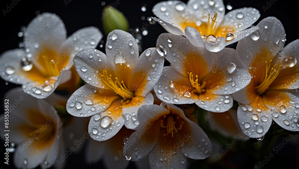 Fototapeta premium Waterdrops on flowers, white and yellow bloom flora macro