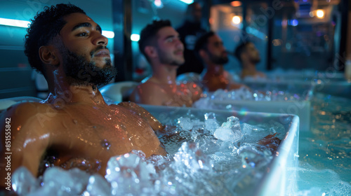 Athletes in ice baths, focusing on a man in the foreground, undergoing cold therapy for muscle recovery and relaxation. photo