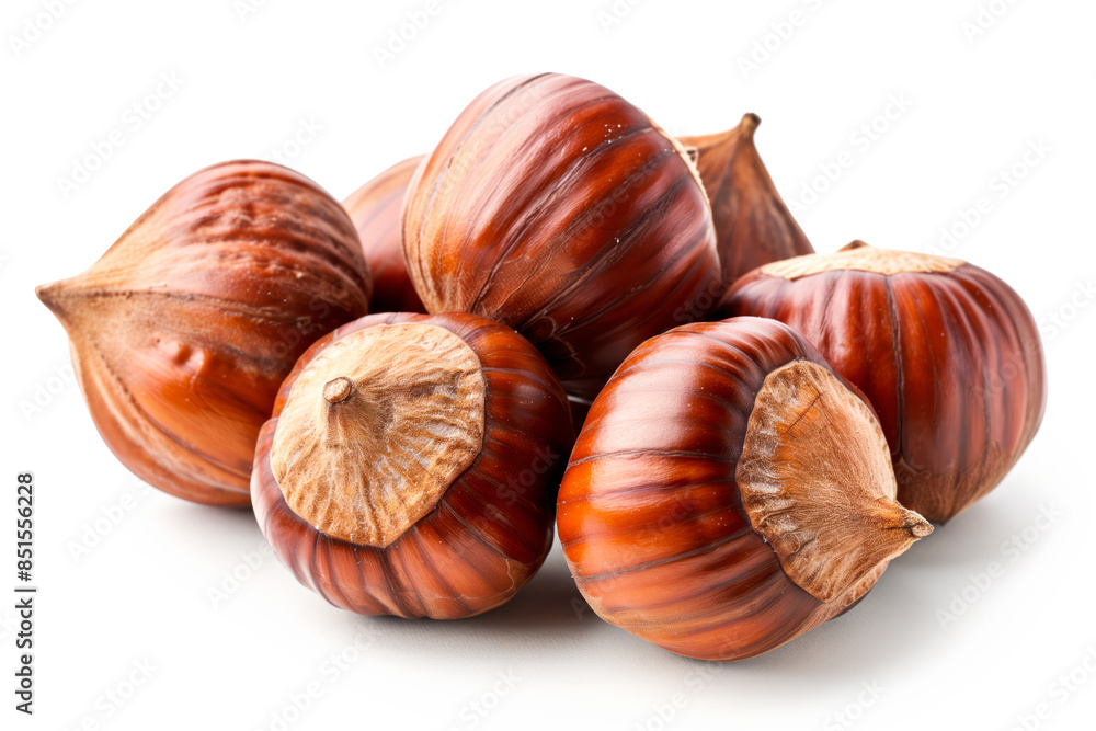 Close-up of shelled and unshelled Chestnut nuts isolated on a white background, showcasing their texture Close-up of shelled and unshelled Chestnut nuts isolated on a white background, showcasing their texture