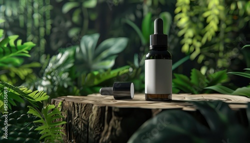 cosmetic dropper bottle mockup on a botanical background with wood and plants perfect for beauty product packaging design 3d rendering