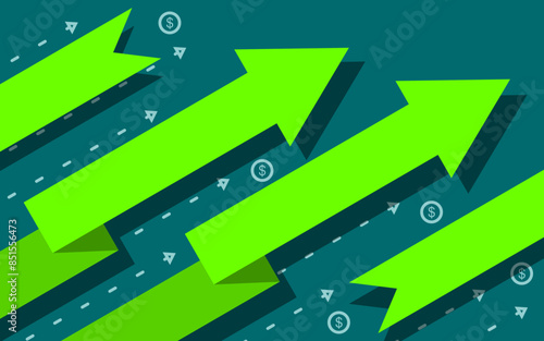 Bright green arrows moving upward on a blue background symbolize business growth, success, and financial progress. stock market, investment, career development, or economic growth concepts