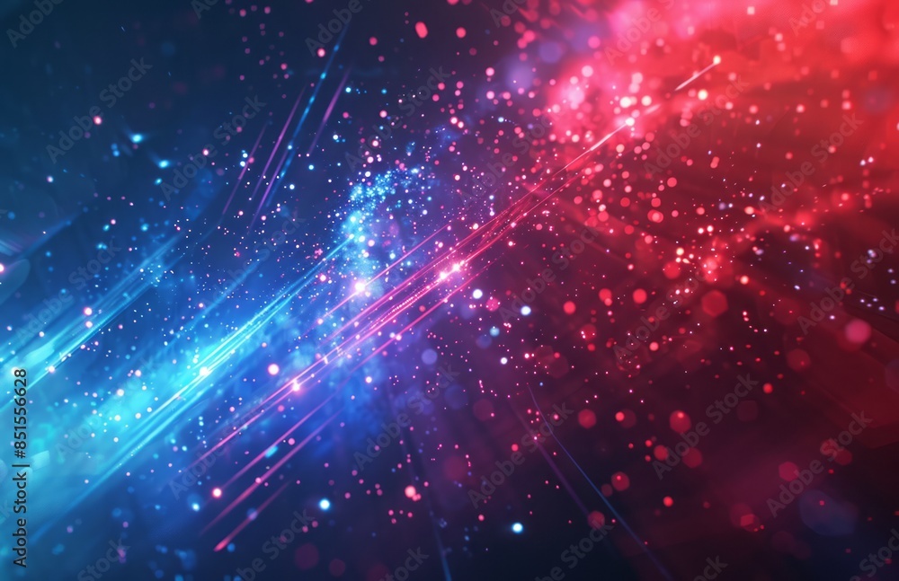 Naklejka premium Abstract background with blue and red lights, shooting stars, and space elements
