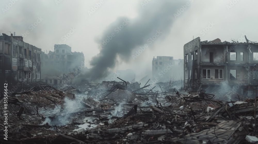 Fototapeta premium Grim aftermath of destruction with smoke rising from ruined buildings