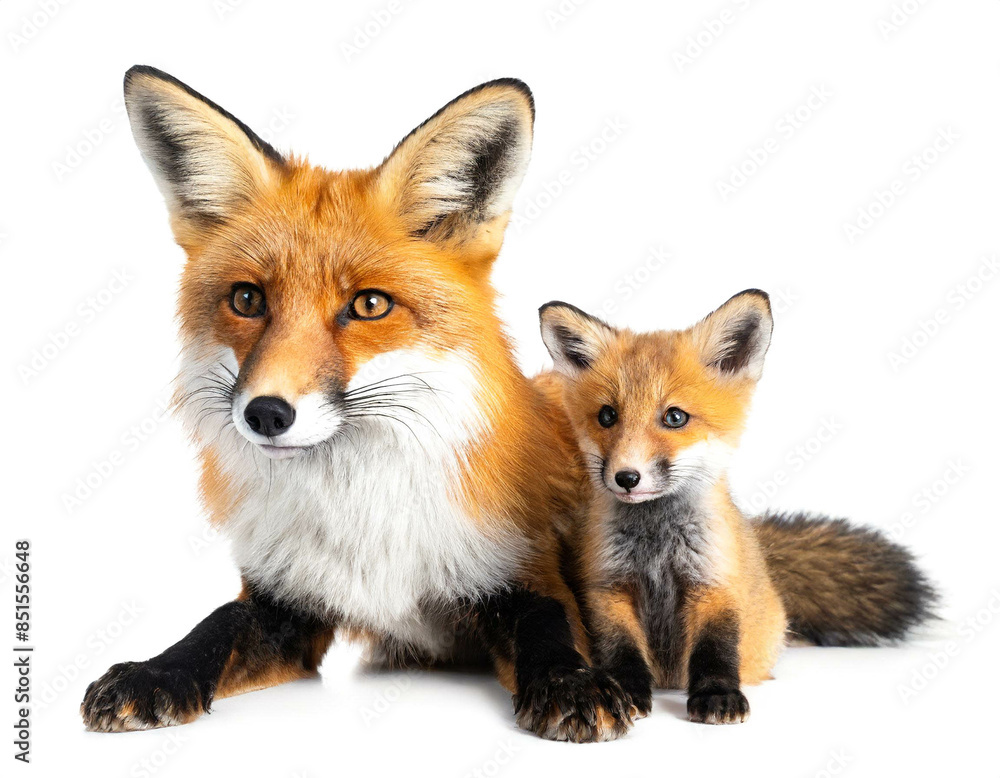 Fuchs auf vier beinen mit baby isoliert auf weißen Hintergrund, Freisteller Fuchs auf vier beinen mit baby isoliert auf weißen Hintergrund, Freisteller