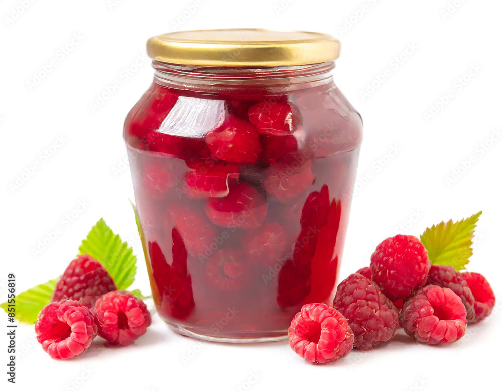 Himbeeren im glas eingekocht Kompott isoliert auf weißen Hintergrund, Freistelle Himbeeren im glas eingekocht Kompott isoliert auf weißen Hintergrund, Freistelle