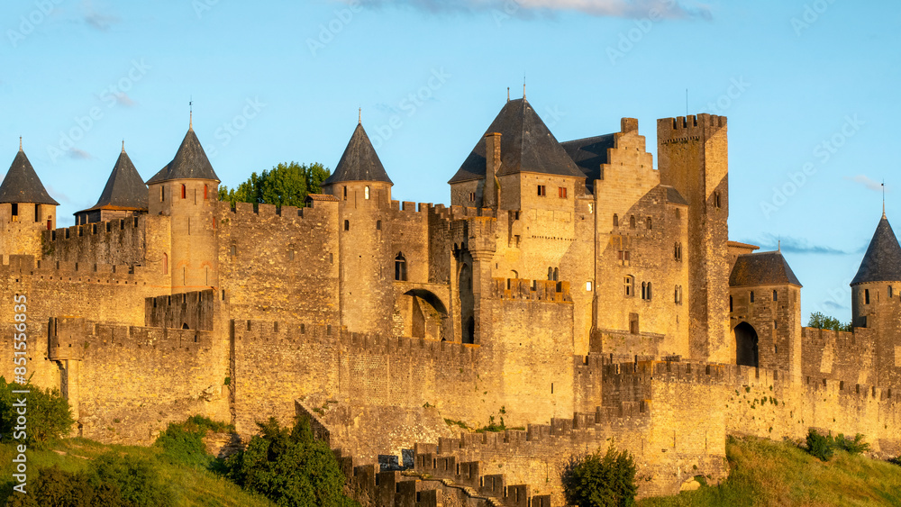 Sunset view of Carcassonne Fortress, France. Sunset view of Carcassonne Fortress, France.