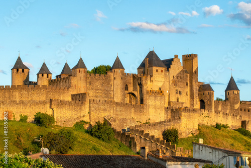 Sunset view of Carcassonne Castle, France.