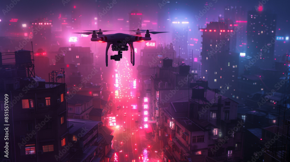 Obraz premium A drone flying over a cityscape at night, with vibrant neon lights illuminating the urban environment.