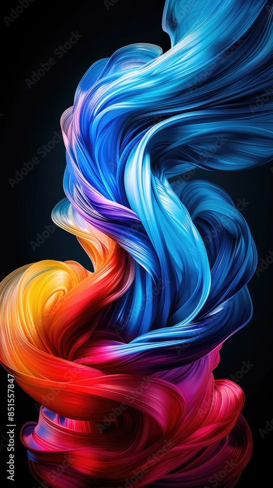 Obraz premium Vibrant abstract colorful ribbon swirls on dark background, showcasing dynamic flow and energy, perfect for creative projects and designs.