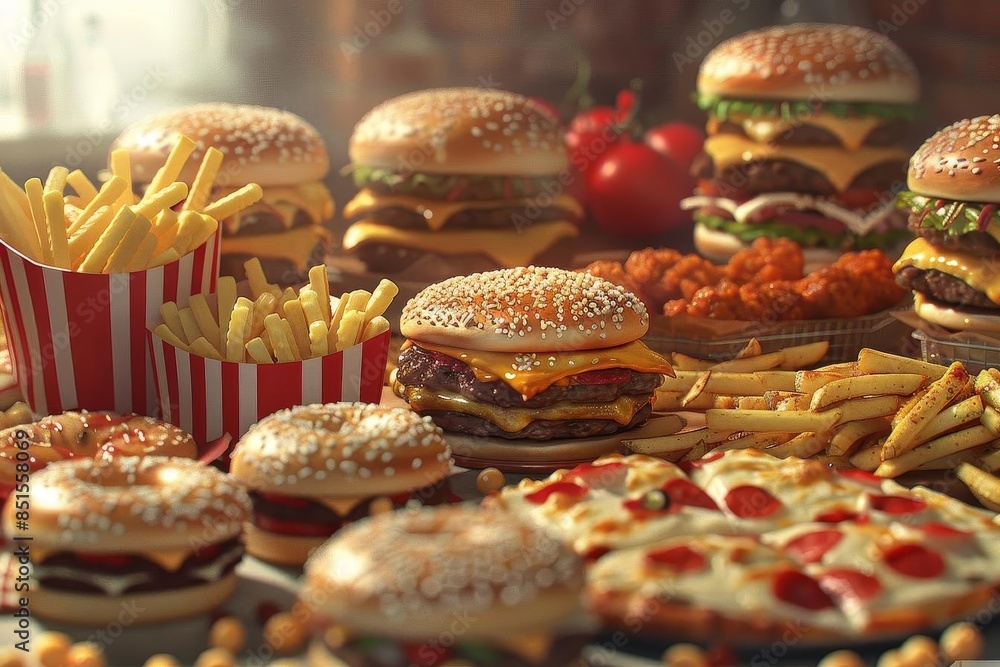Produce a digital CG 3D illustration of a tempting long shot display of assorted junk food items, including burgers, pizzas, and fries,