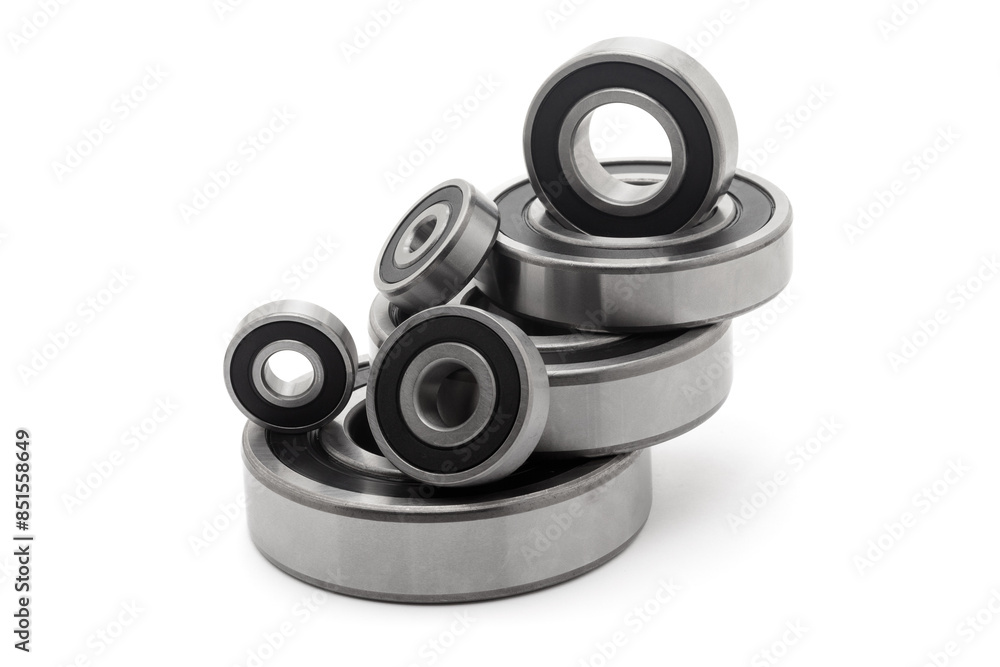 A collection of assorted tapered roller bearings of various sizes, isolated on a white background. A collection of assorted tapered roller bearings of various sizes, isolated on a white background.