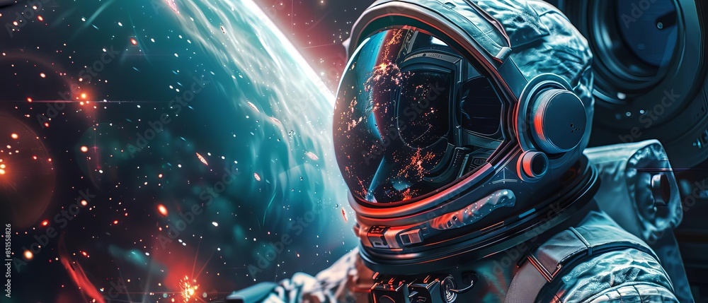 Render a digital portrait of a confident astronaut gazing out of a spaceship window at the vast, star-studded universe beyond, Render a digital portrait of a confident astronaut gazing out of a spaceship window at the vast, star-studded universe beyond,