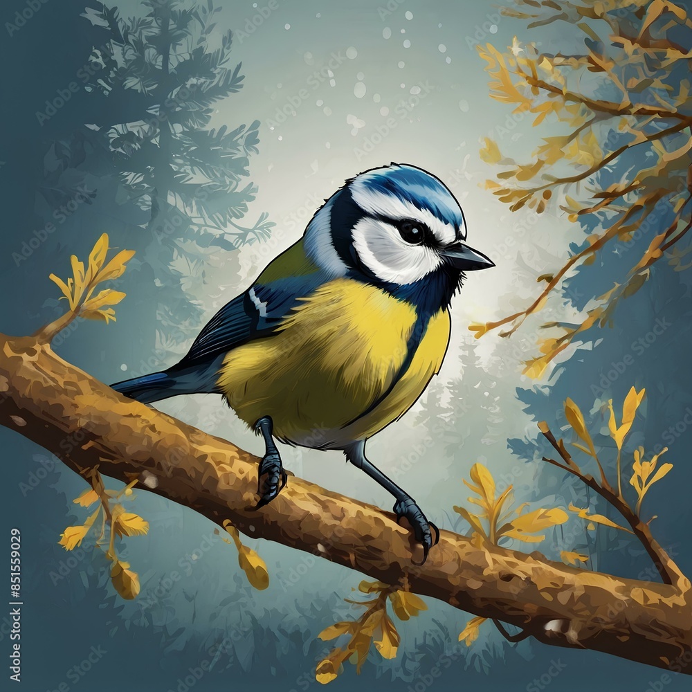 Fototapeta premium Eurasian blue tit on a branch drawing