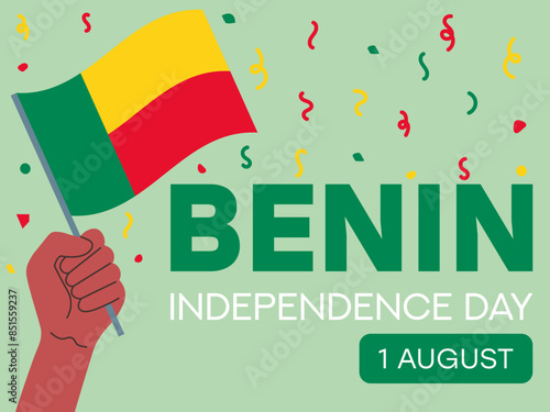 benin independence day 1 August, benin flag in hand. Greeting card, poster, banner template