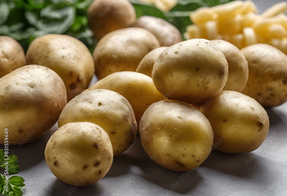 A close-up of several fresh potatoes on a surface with some greens and pasta in the background. National Potato Month. A close-up of several fresh potatoes on a surface with some greens and pasta in the background. National Potato Month.