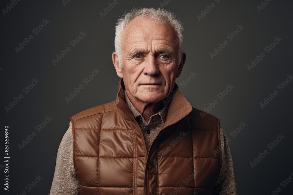 Portrait of a glad man in his 70s dressed in a water-resistant gilet on empty modern loft background Portrait of a glad man in his 70s dressed in a water-resistant gilet on empty modern loft background