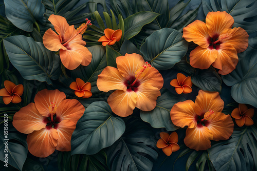 Wallpaper Mural Orange hibiscus flowers and tropical leaves on a dark background, tropical floral blossom, generative ai Torontodigital.ca