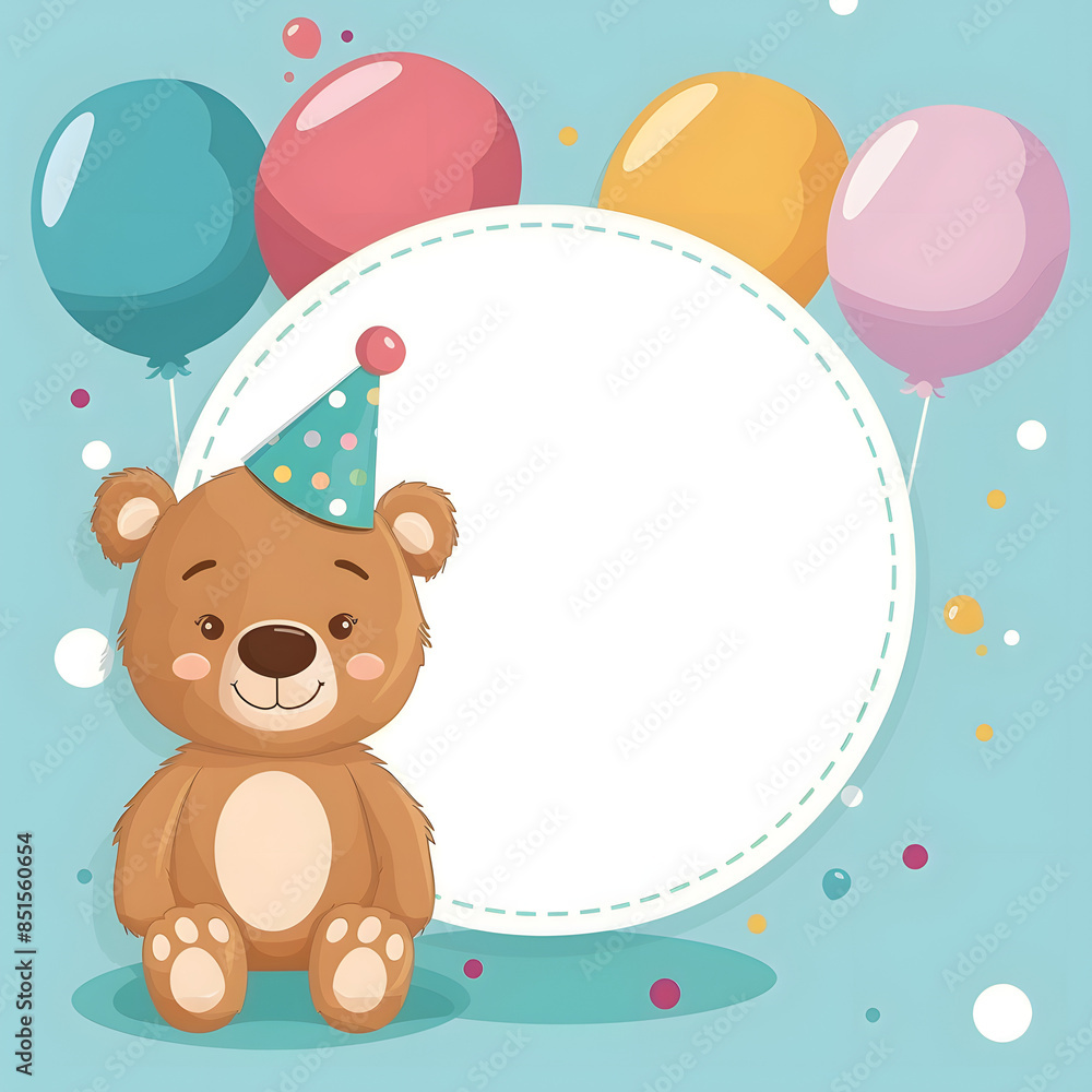 Cute bear and balloons on background with empty white circle for text. Greeting card template. Happy Birthday card. Cute bear and balloons on background with empty white circle for text. Greeting card template. Happy Birthday card.