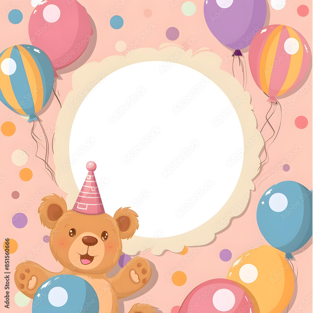 Cute bear and balloons on background with empty white circle for text. Greeting card template. Happy Birthday card. Cute bear and balloons on background with empty white circle for text. Greeting card template. Happy Birthday card.