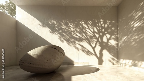 A light room with a large, minimalist sculpture that casts a treea??s shadow photo