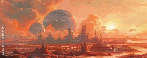 Across the stars, a colony thrives on a distant world, its domed cities a testament to humanity's indomitable spirit. photo