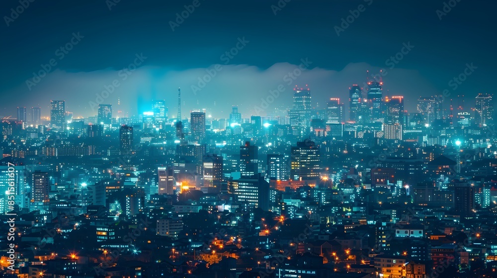 Obraz premium Futuristic City Skyline Illuminated by Energy Efficient LED Lighting Environmental Conservation Concept