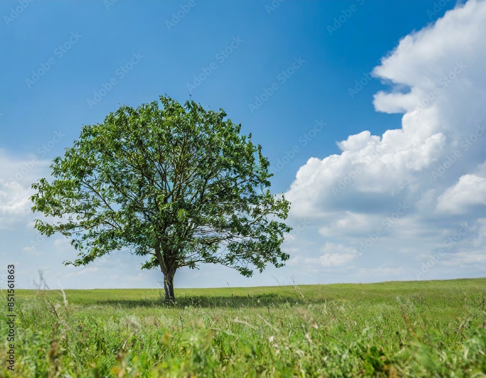 Fototapeta premium Baum in der mitte einer grünen Wiese bei Blauen Himmel