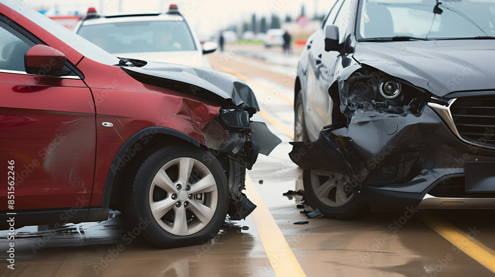 Accident between two cars. Cars stand next to each other, side view. Bumpers damaged Accident between two cars. Cars stand next to each other, side view. Bumpers damaged