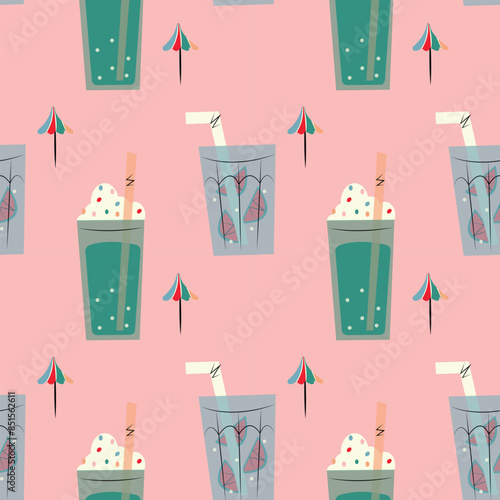Patterns with cocktails. Illustration of festive drinks in different types of glasses with decoration.Patterns with soft and alcohol drinks. 