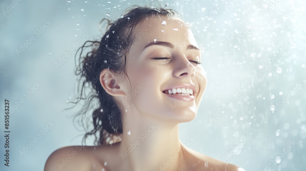 Smiling woman enjoying water splash on her face, eyes closed, in a serene blue background Smiling woman enjoying water splash on her face, eyes closed, in a serene blue background