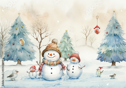 Watercolor Christmas Illustration, Snowmen and Birds on a Christmas Card, Festive and Whimsical