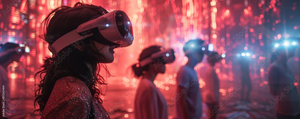 A group of friends attending an immersive theater performance set in a virtual reality world, where they interact with digital environments and characters. A group of friends attending an immersive theater performance set in a virtual reality world, where they interact with digital environments and characters.