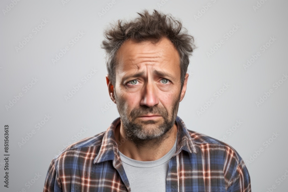 Portrait of a jovial man in his 40s wearing a comfy flannel shirt on plain white digital canvas Portrait of a jovial man in his 40s wearing a comfy flannel shirt on plain white digital canvas