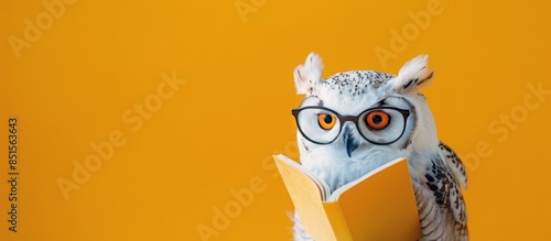 A funny white polar owl with glasses and a book on a yellow background. World Book Dae. Cute character for promotional products, banners, posters, postcards..National Book Lovers Day. Copy space.