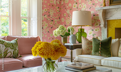 Living Room Design Interior. Close-up Coffee Table with Vase with Flowers and Home Decor. Decoration with bouquets, lamps, pillows. Floral wallpaper. Provence, neoclassic, french style