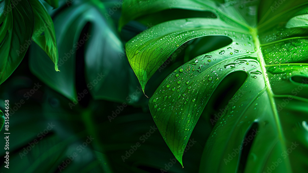 Fototapeta premium Close up of monstera leaf with water drops on it tropical plant background